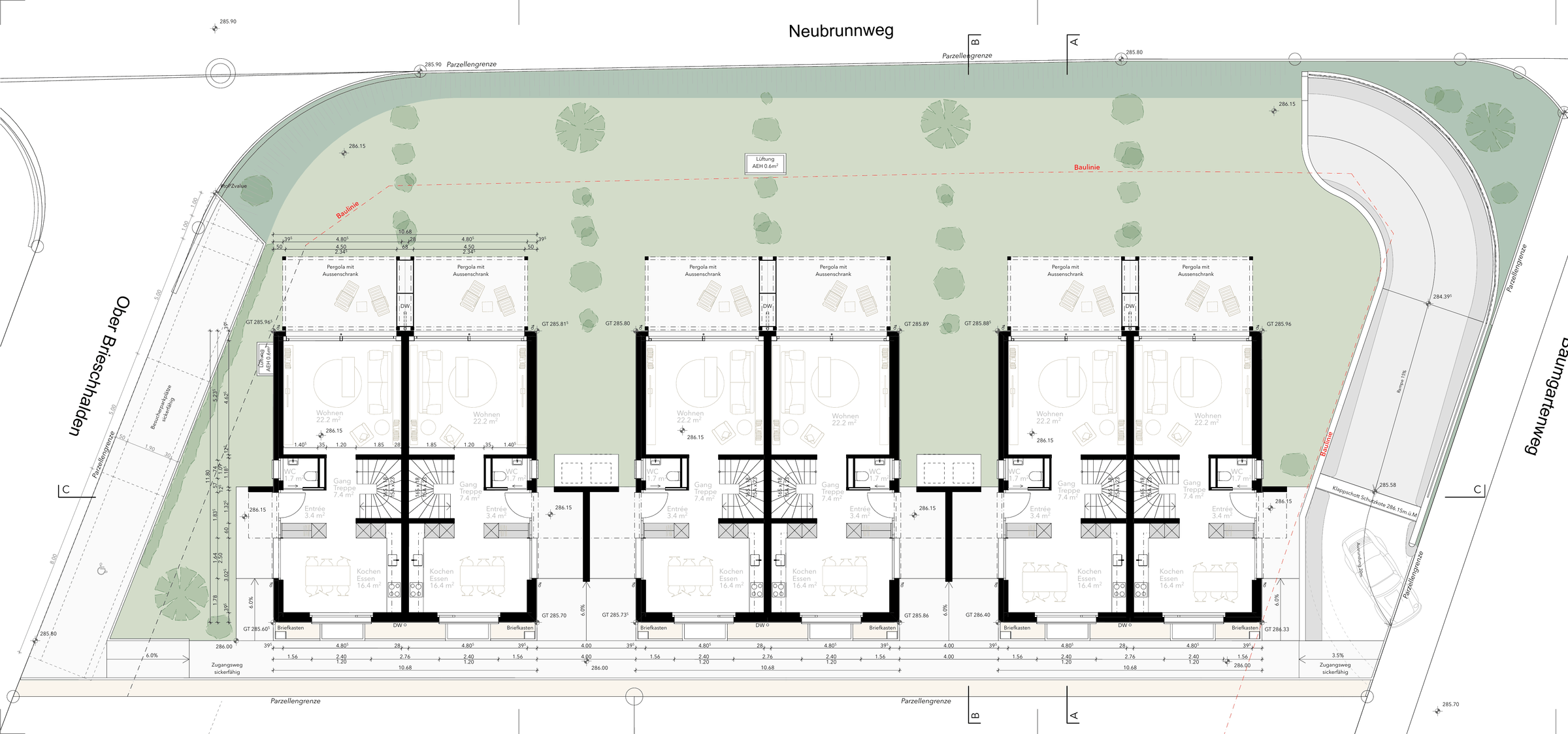 Situationsplan The Trinity, Baumgartenweg 57 Muttenz — Grundriss Erdgeschoss mit Umgebung